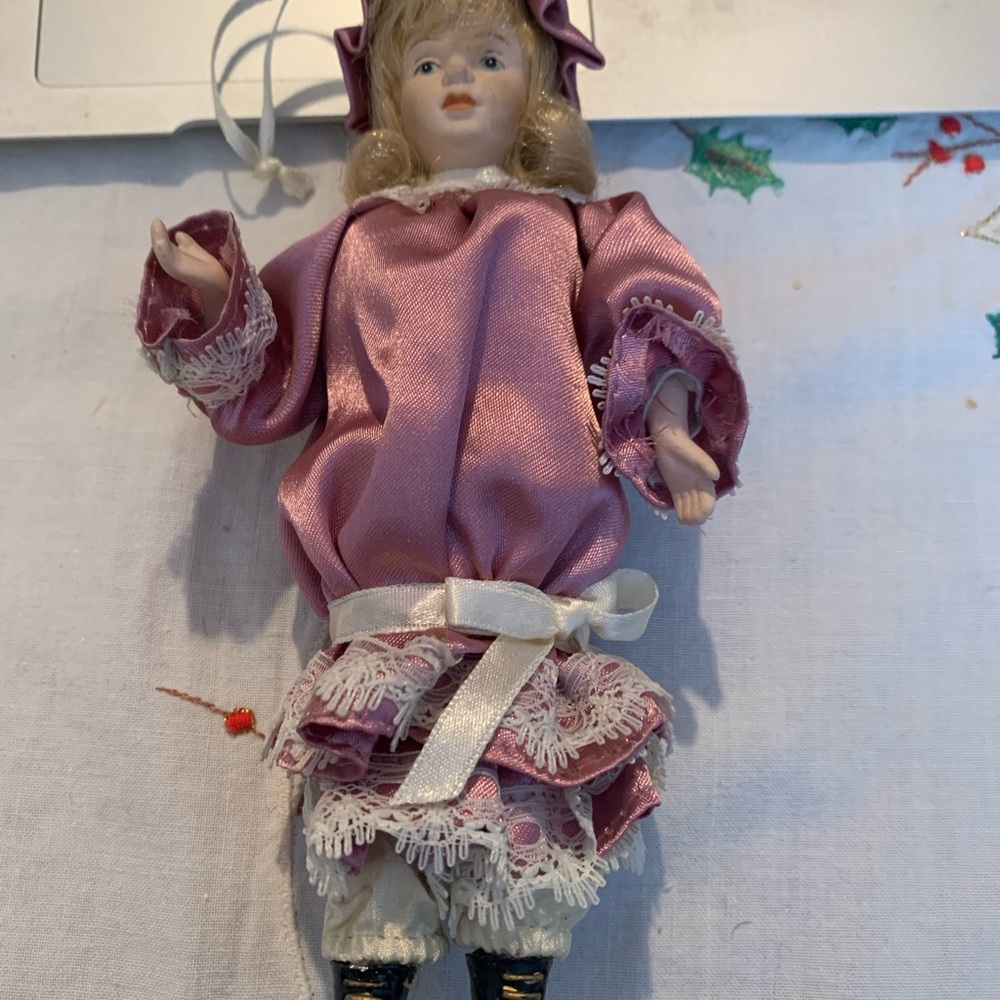 Vintage Porcelain Doll Ornament in Pink Dress